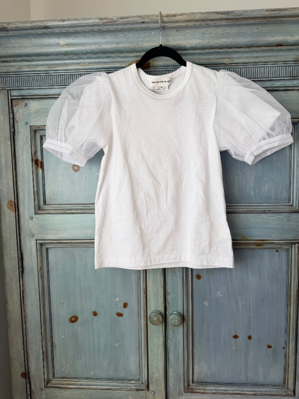 Commes des Garcons Girl White Tee Shirt with Tulle Balloon Sleeves Size M NWOT